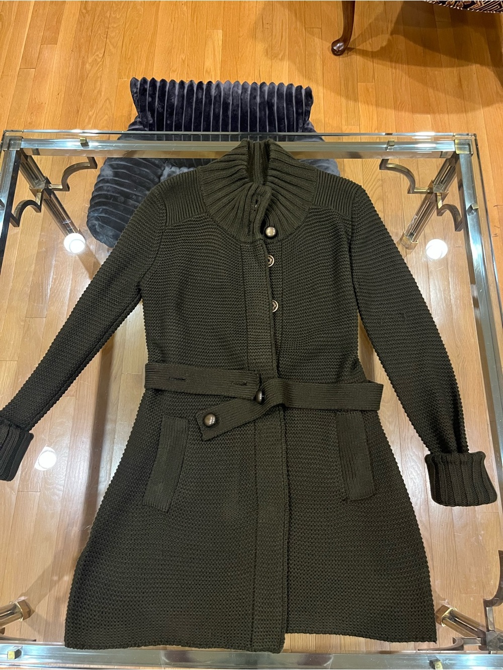 FYLO Olive Green Long Sleeve Knit Coat with Belt